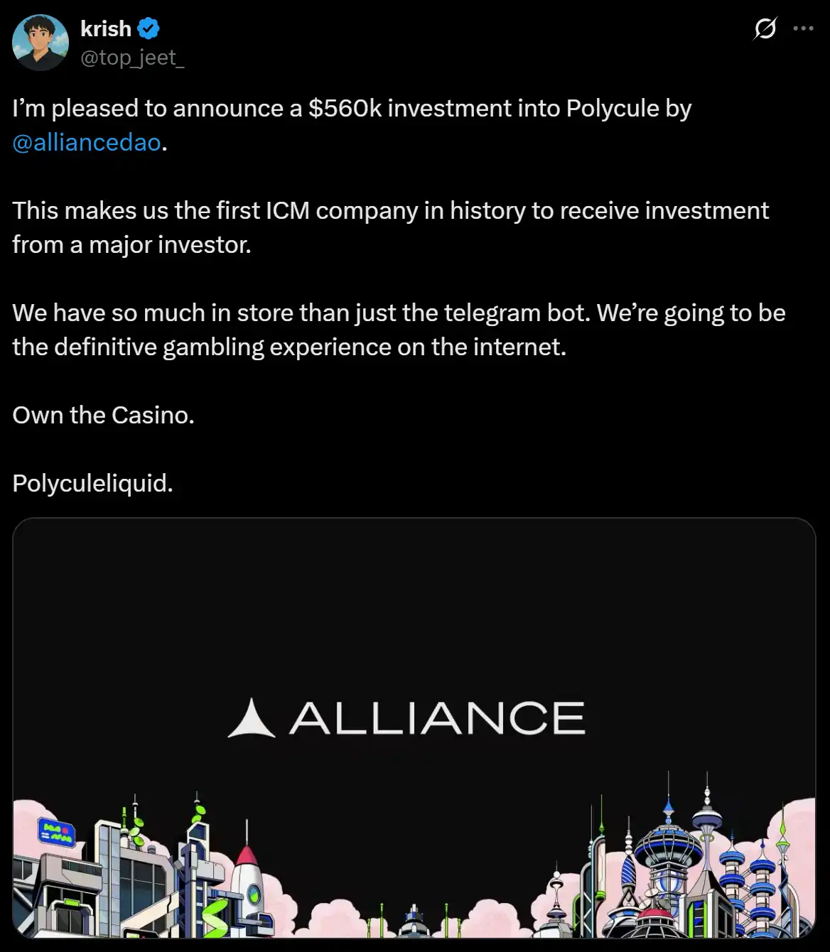AllianceDAO投资、代币市值破10M，Polycule给Polymarket做了个TG Bot