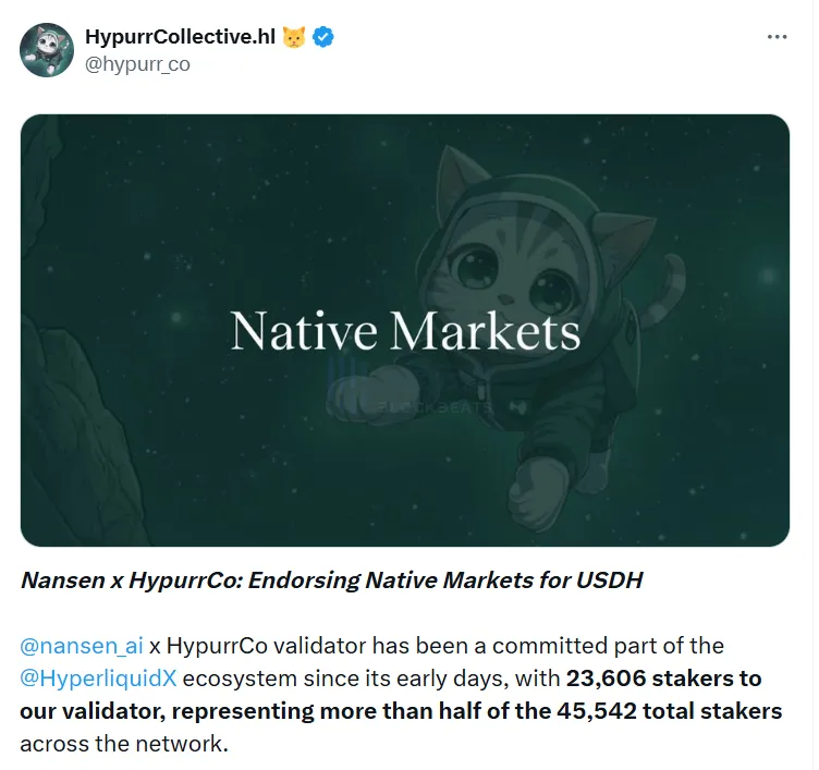 The Hyperliquid top validator publicly announced their support for the Native Markets bidding for USDH. The Hyperliquid top validator publicly announced their support for the Native Markets bidding for USDH.