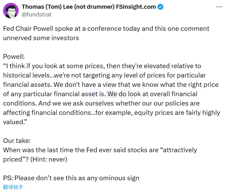 Tom Lee: No Need to Worry About Fed Chair’s “Stock Valuation Elevated” Comment Tom Lee: No Need to Worry About Fed Chair’s “Stock Valuation Elevated” Comment