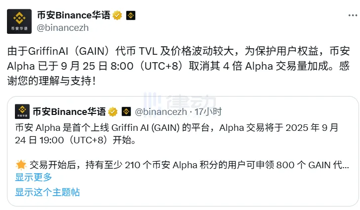 Binance: Due to the significant TVL and price volatility of the GAIN token, its 4X Alpha trading volume boost has been canceled. Binance: Due to the significant TVL and price volatility of the GAIN token, its 4X Alpha trading volume boost has been canceled.