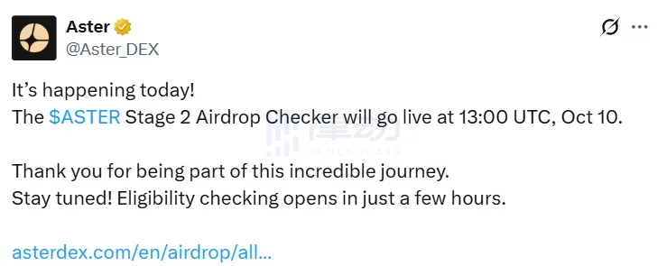 Aster: The Phase 2 Airdrop Check Page will go live today at 9:00 PM. Aster: The Phase 2 Airdrop Check Page will go live today at 9:00 PM.