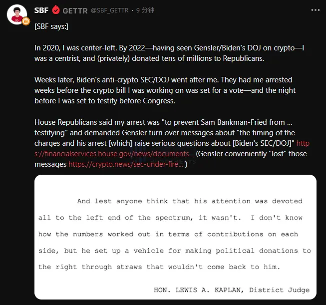 SBF Posts Allegations of Political Persecution by the Biden Administration SBF Posts Allegations of Political Persecution by the Biden Administration