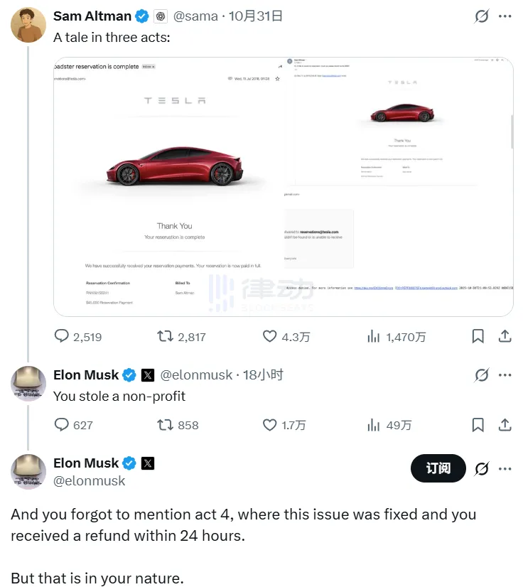Sam Altman tweeted mocking Tesla’s slow delivery and inability to get a refund, Musk responded saying “Refund is already fast.” Sam Altman tweeted mocking Tesla’s slow delivery and inability to get a refund, Musk responded saying “Refund is already fast.”