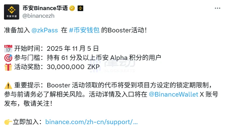Binance: Users with an Alpha score of 61 points and above can participate in the ZKP Booster event Binance: Users with an Alpha score of 61 points and above can participate in the ZKP Booster event