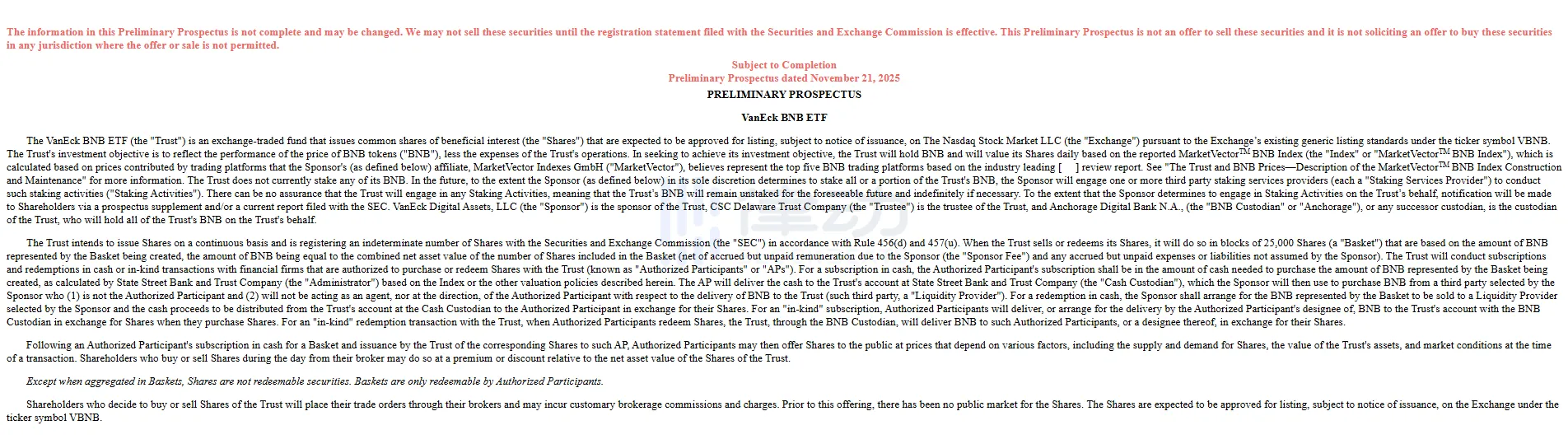 VanEck has submitted an S-1 update filing for its BNB Spot ETF, with the ticker symbol set as VBNB. VanEck has submitted an S-1 update filing for its BNB Spot ETF, with the ticker symbol set as VBNB.