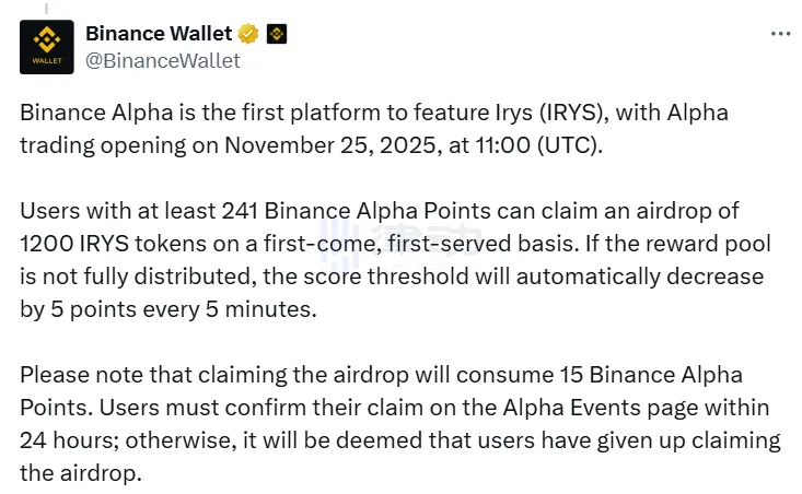 Binance Alpha: Irys (IRYS) Airdrop Threshold is 241 Points Binance Alpha: Irys (IRYS) Airdrop Threshold is 241 Points