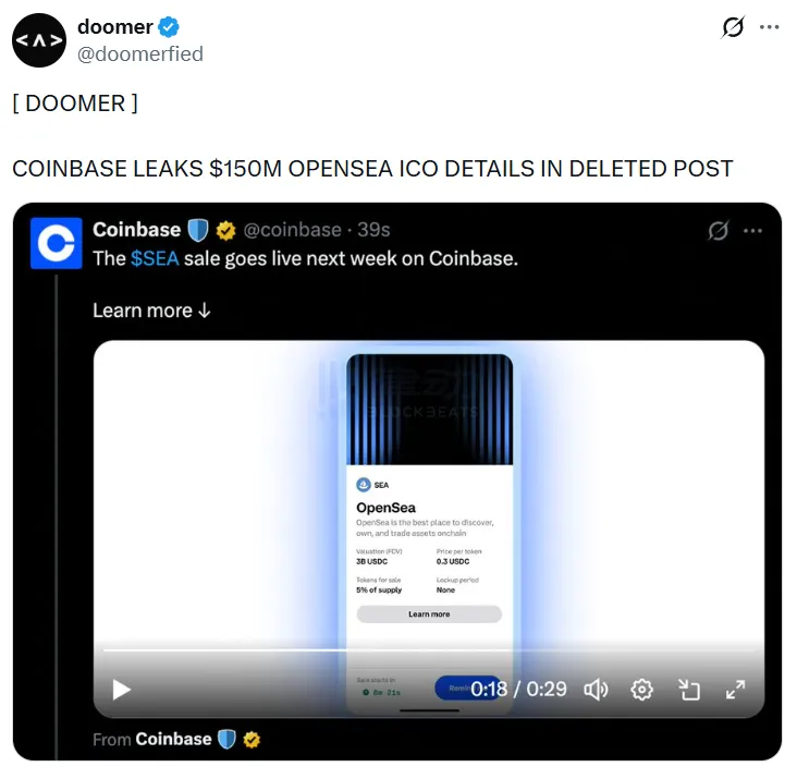 Coinbase Tweeted About ‘Opensea Public Sale Next Week’ but Later Deleted It Coinbase Tweeted About ‘Opensea Public Sale Next Week’ but Later Deleted It