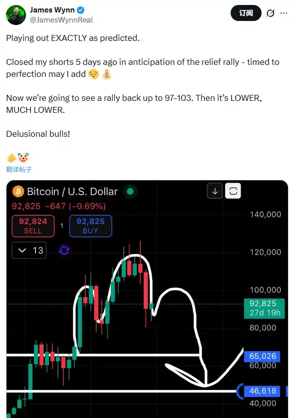 James Wynn: Expecting Bitcoin to rebound to $97,000 to $103,000, then will drop again James Wynn: Expecting Bitcoin to rebound to $97,000 to $103,000, then will drop again