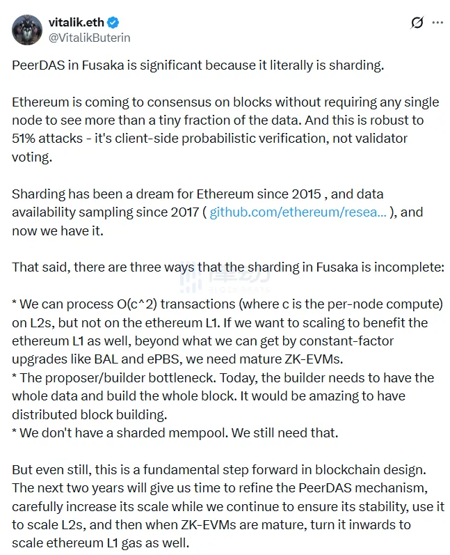Vitalik: PeerDAS Implementation in the Fusaka Upgrade to Enable Ethereum Sharding, with the Next Two Years Focused on Optimizing PeerDAS Stability Vitalik: PeerDAS Implementation in the Fusaka Upgrade to Enable Ethereum Sharding, with the Next Two Years Focused on Optimizing PeerDAS Stability