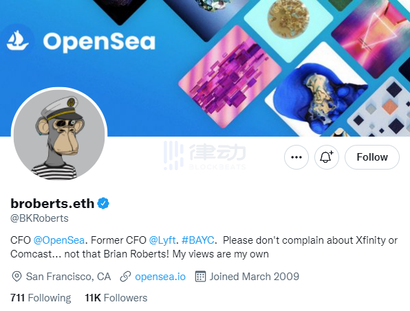 OpenSea CFO将推特头像更换为Bored Ape Yacht Club作品