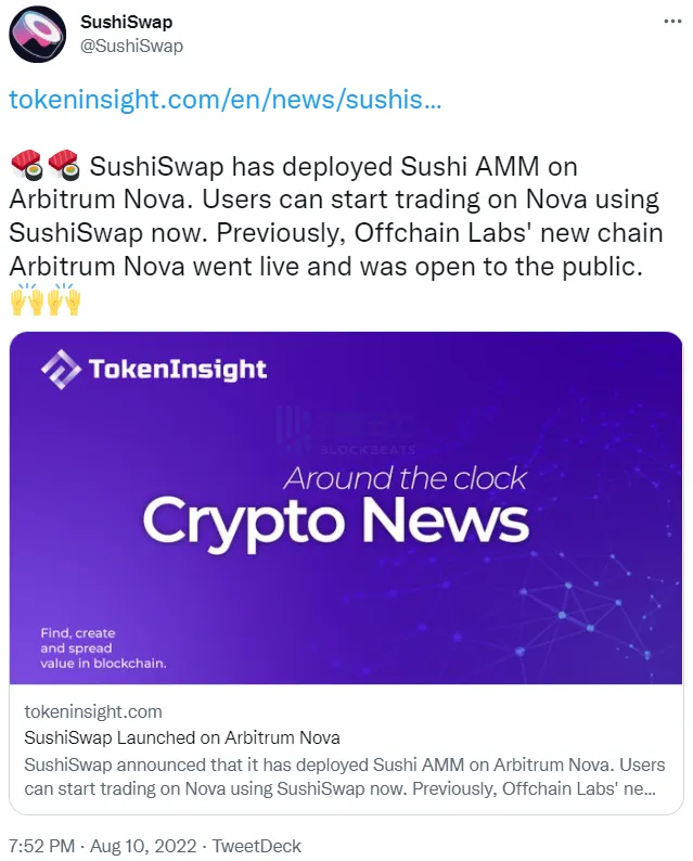 SushiSwap已在Arbitrum Nova网络完成部署