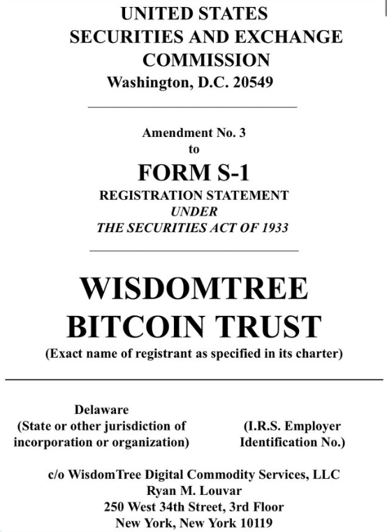 WisdomTree已向美SEC提交修订版现货比特币ETF招股书- 比特币资讯网 