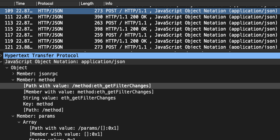Wireshark 流量与 JSON-RPC 调用询问 mempool 中的变化