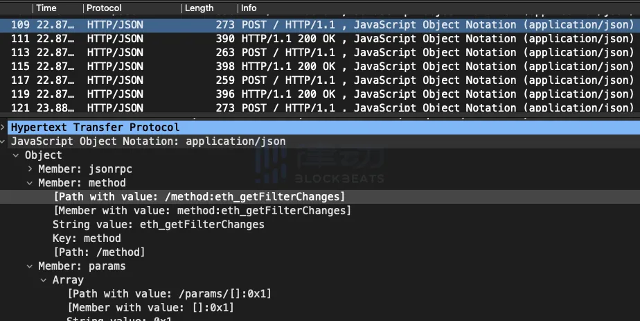 Wireshark 流量与 JSON-RPC 调用询问 mempool 中的变化