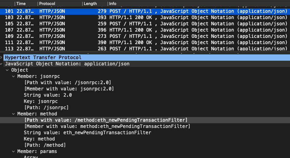 Wireshark 流量与 JSON-RPC 调用订阅待处理交易