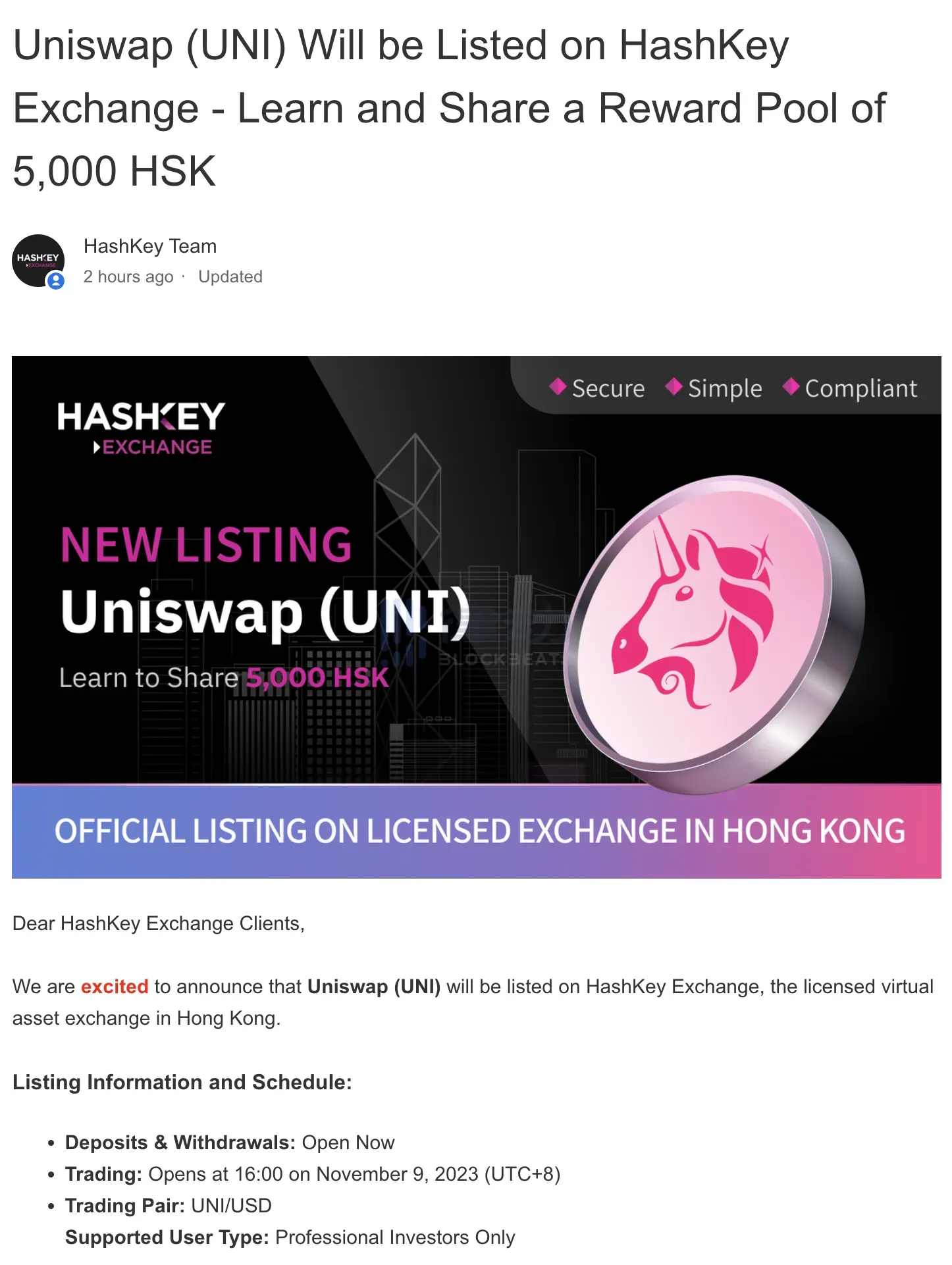 律动晚报｜HashKey将于11月9日面向专业投资者上线UNI；Binance正灰度测试其App内置Web3钱包产品  第3张