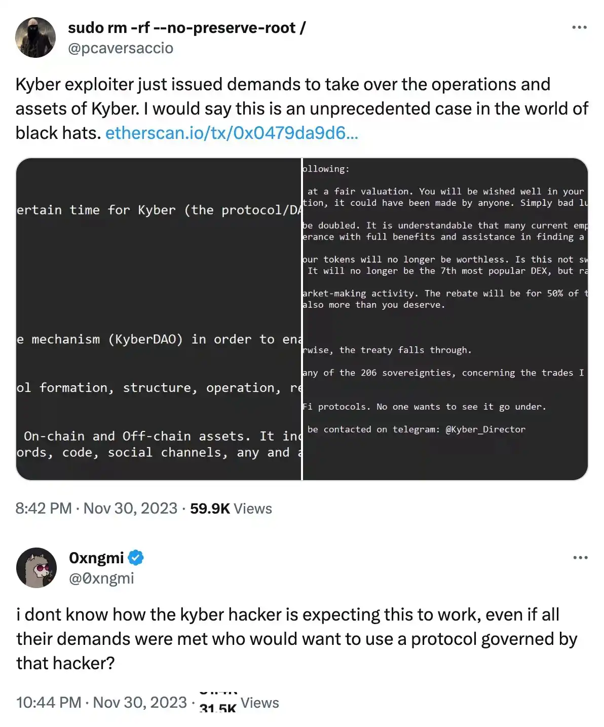 Hacker becomes Kyber director? KyberSwap attacker threatens to take over protocol